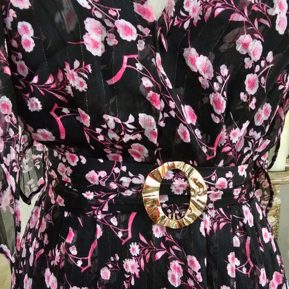 EUC Sabina Musayev Black Pink Metallic Floral Open Back Plunge V-Neck Maxi Dress - Picture 13 of 15